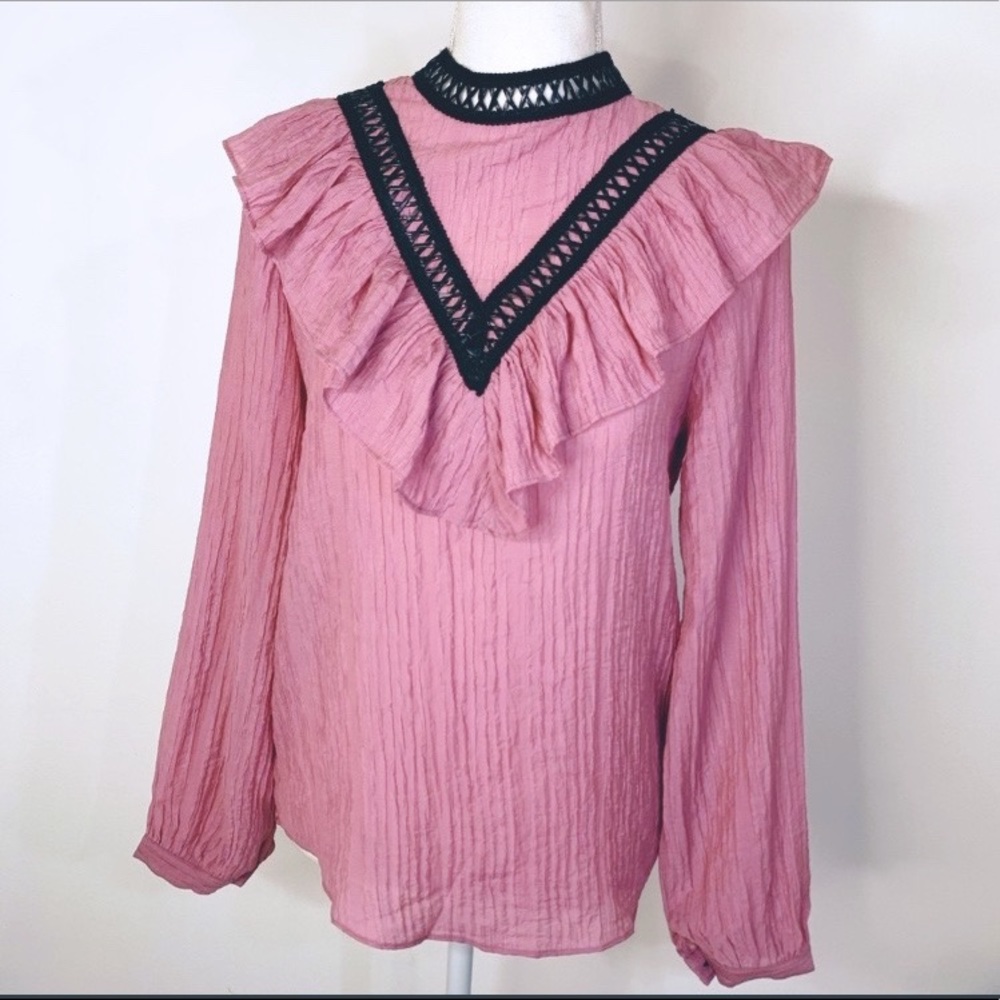 Raspberry RUFFLE Puff Sleeve Blouse pink black - Picture 3 of 5